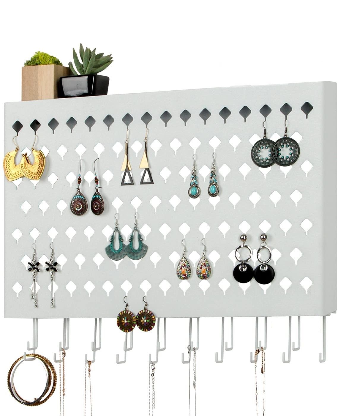 Wall Mount Jewelry Hanger With 109 Holes And 19 Hooks (White)