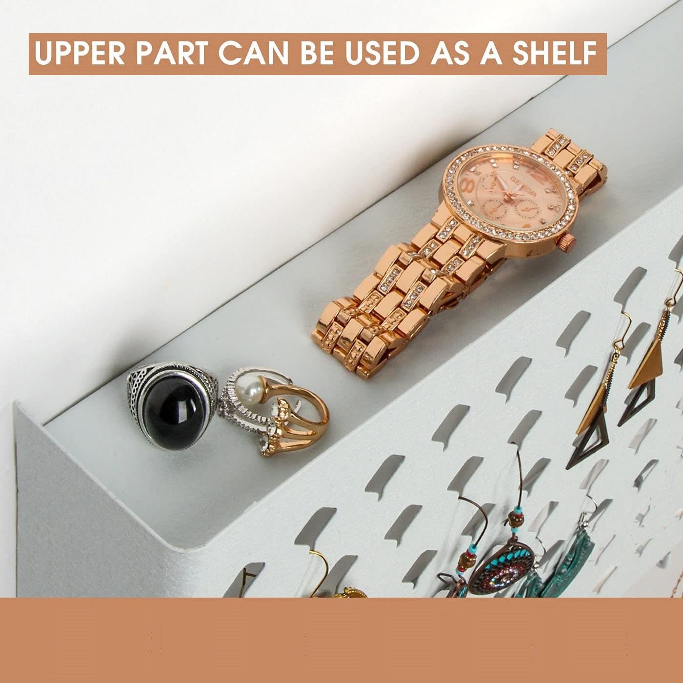 Wall Mount Jewelry Hanger With 109 Holes And 19 Hooks (White)