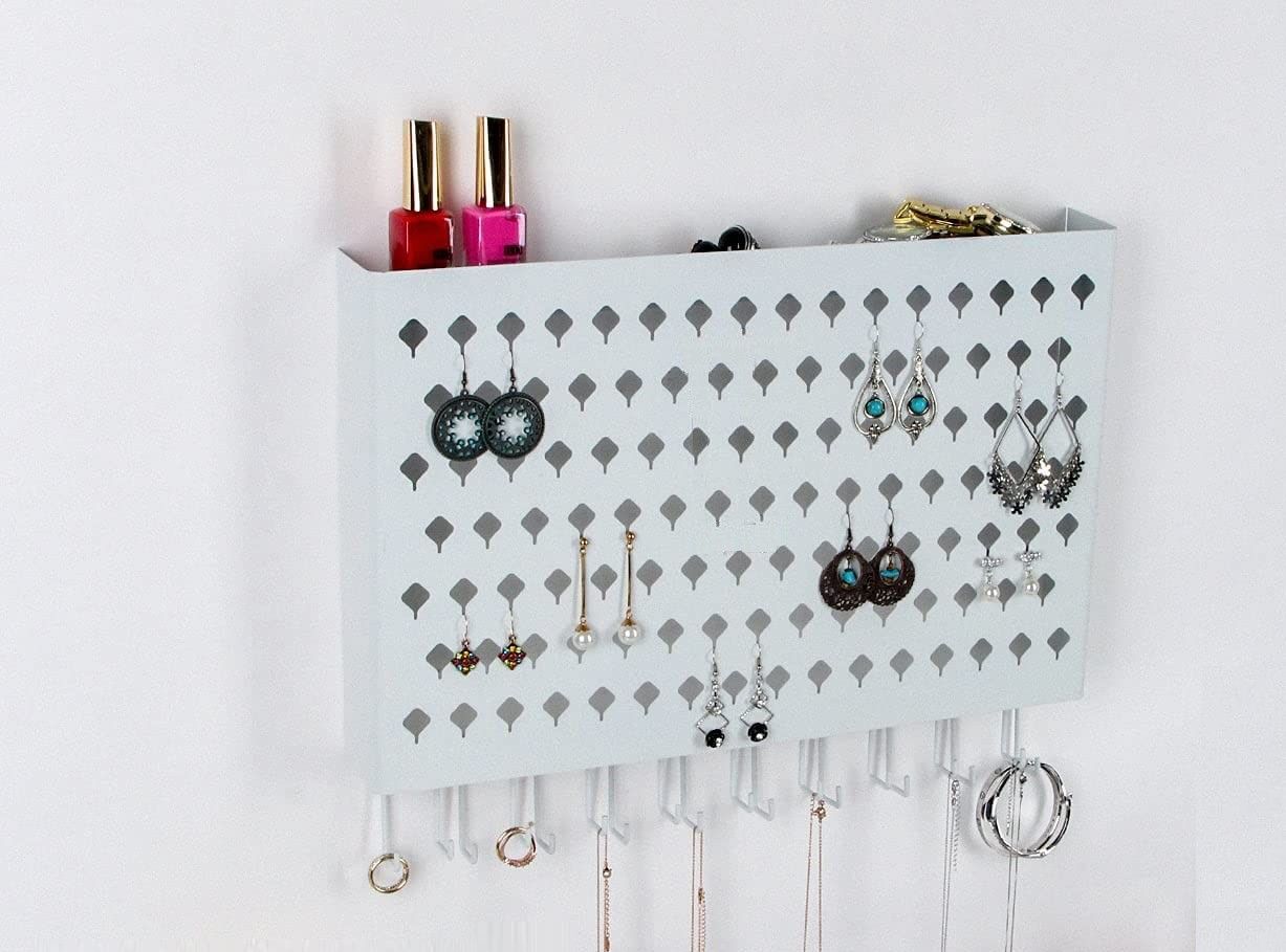 Wall Mount Jewelry Hanger With 109 Holes And 19 Hooks (White)