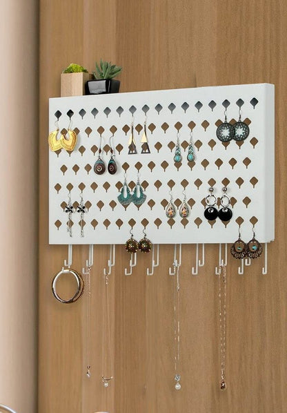 Wall Mount Jewelry Hanger With 109 Holes And 19 Hooks (White)