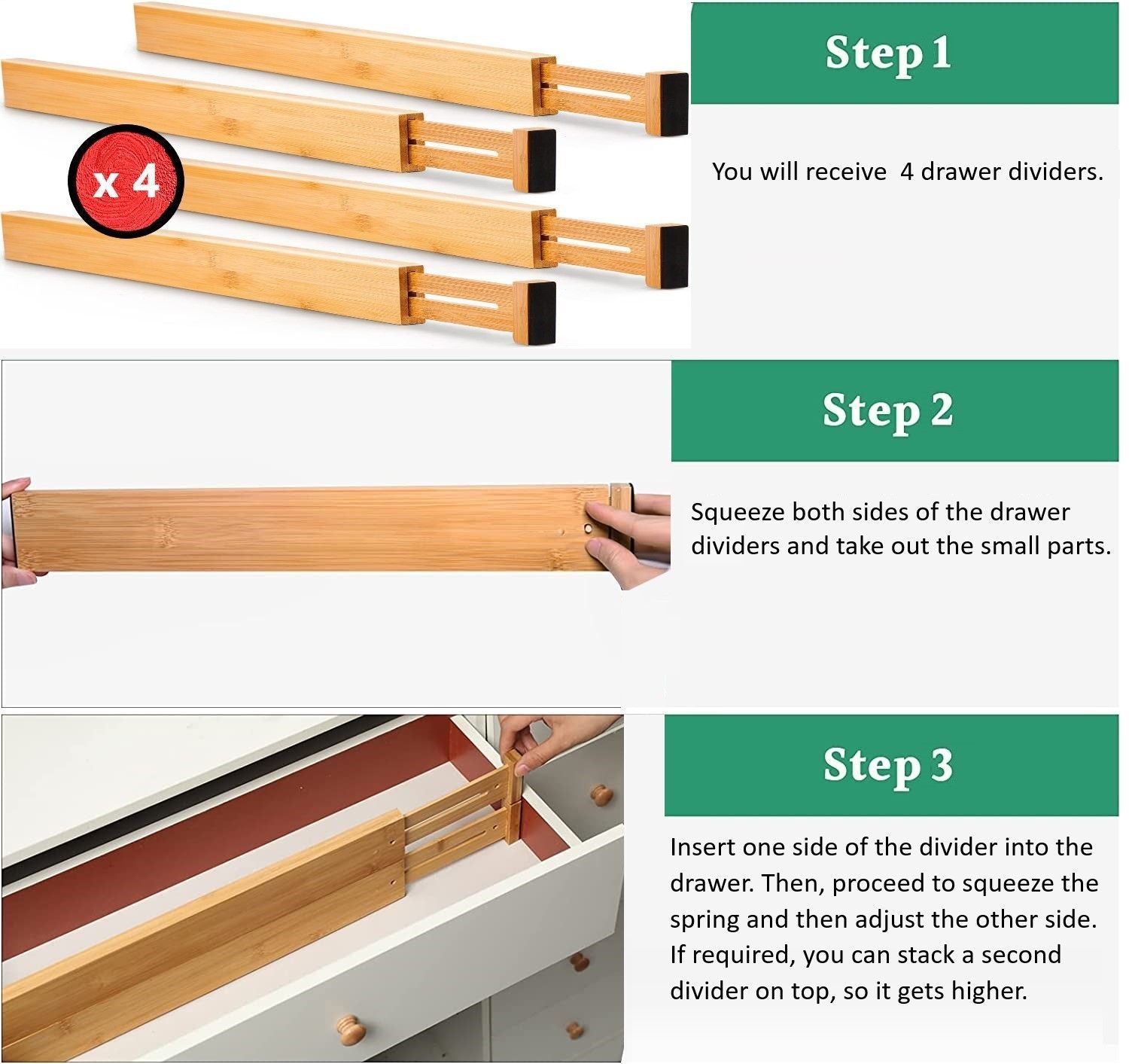 4 Bamboo Adjustable Kitchen Drawer Dividers (Large, 44-55 Cm)
