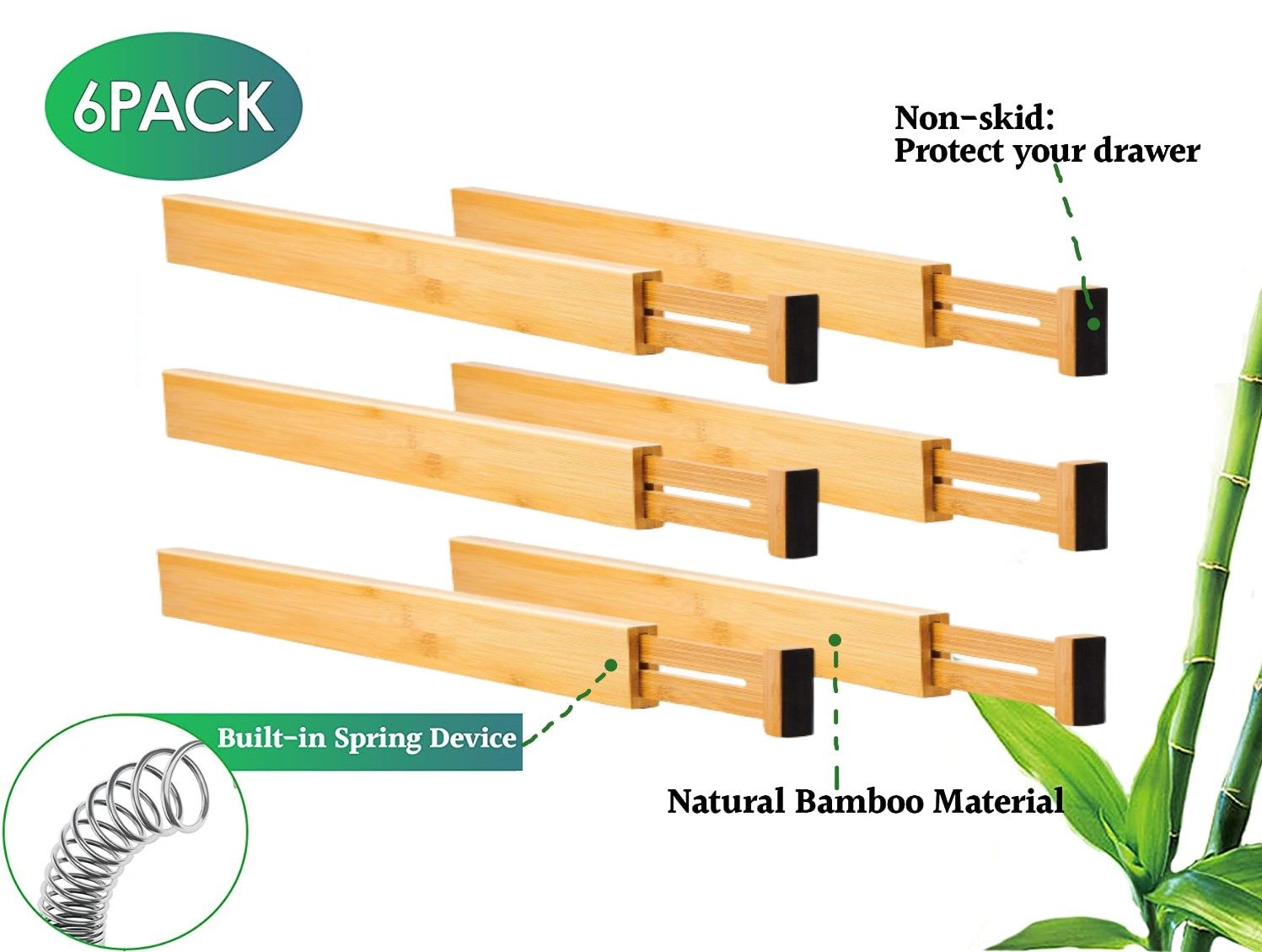 6 Pack Bamboo Adjustable Kitchen Drawer Dividers (Large, 44-55 Cm)