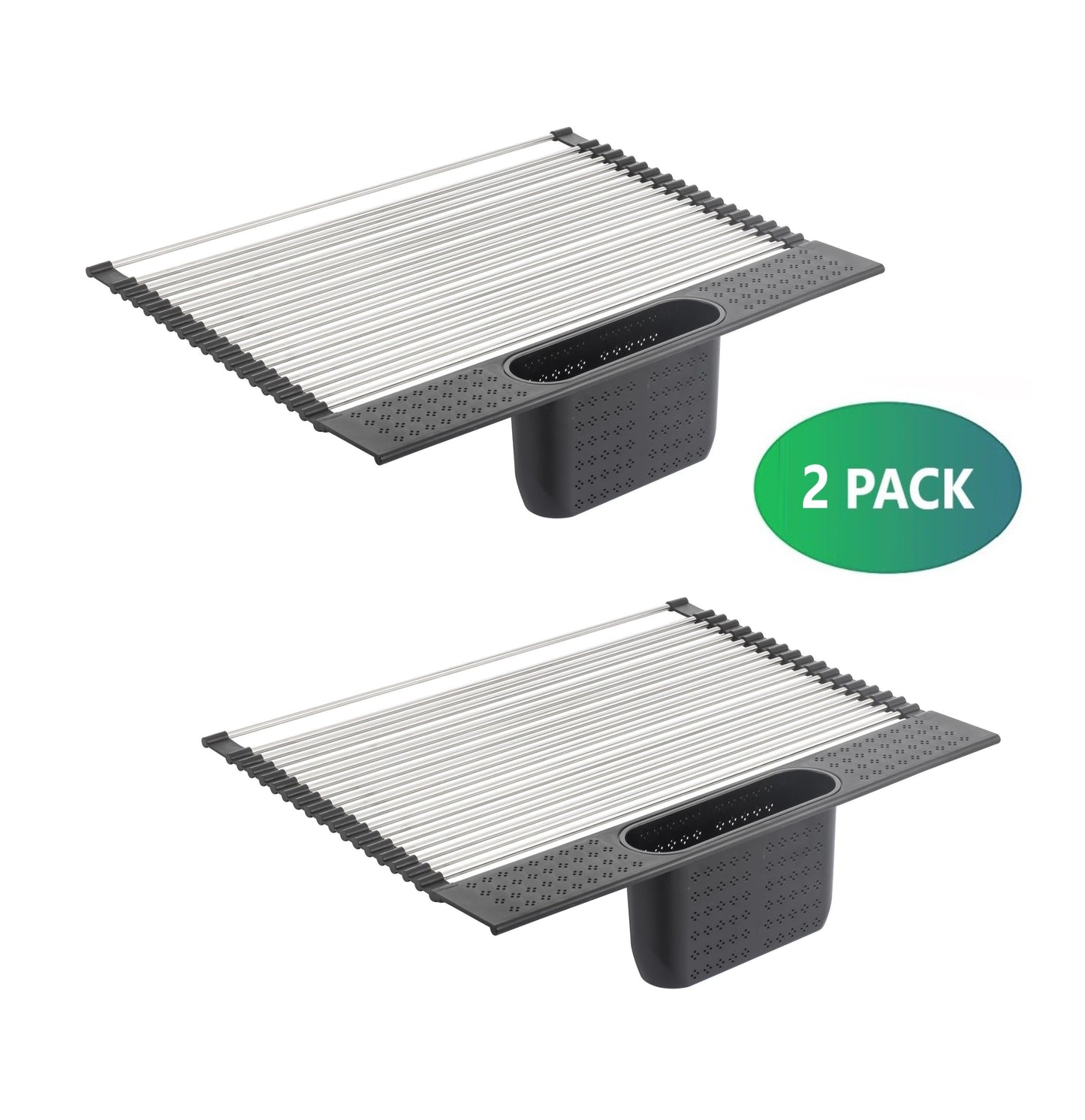 2 Pack Large Stainless Steel Roll Up Dish Drying Rack With Utensil Holder