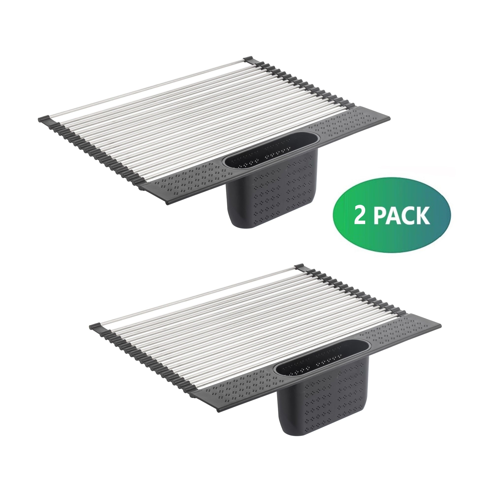 2 Pack Large Stainless Steel Roll Up Dish Drying Rack With Utensil Holder