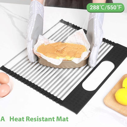 2 Pack Large Stainless Steel Roll Up Dish Drying Rack With Utensil Holder