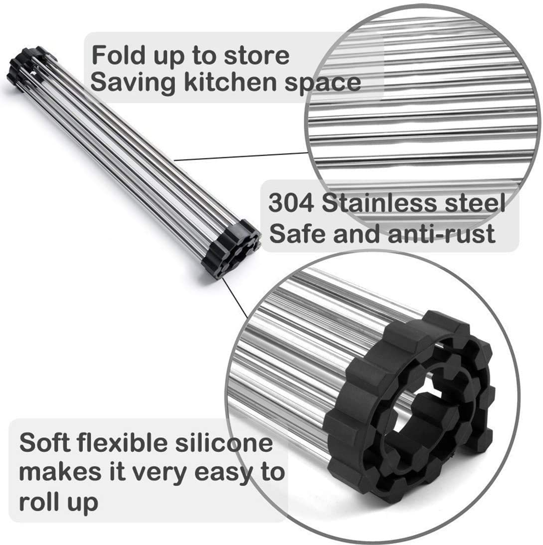 2 Pack Large Stainless Steel Roll Up Dish Drying Rack With Utensil Holder