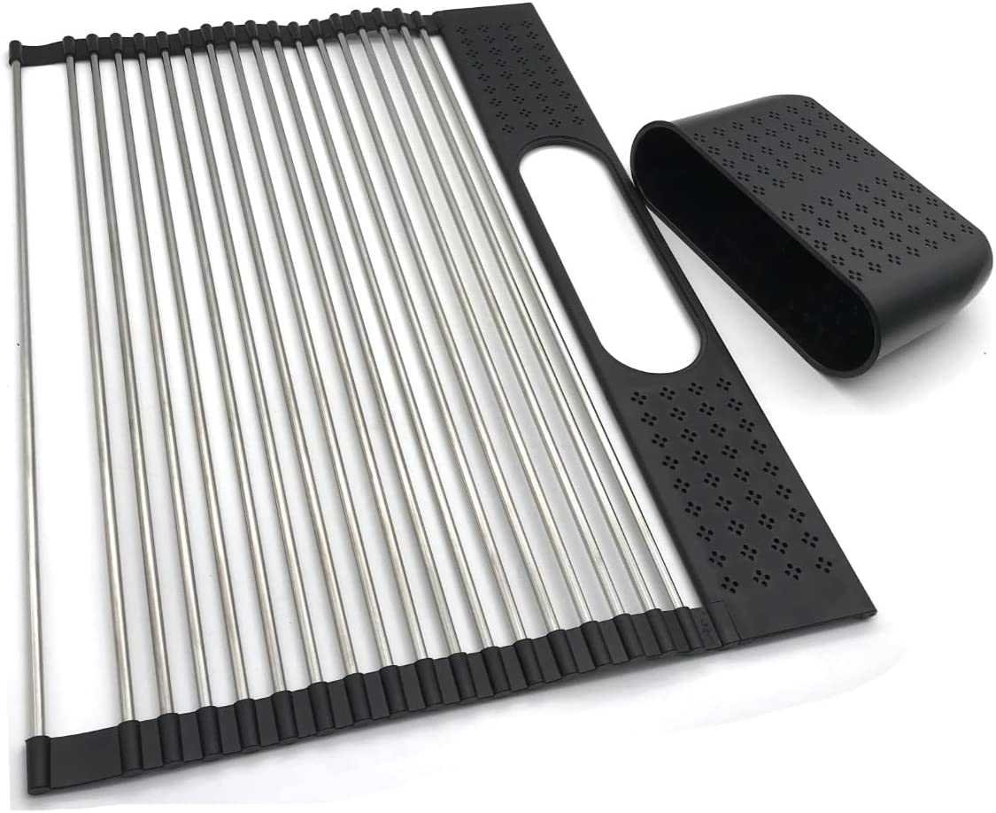 2 Pack Large Stainless Steel Roll Up Dish Drying Rack With Utensil Holder