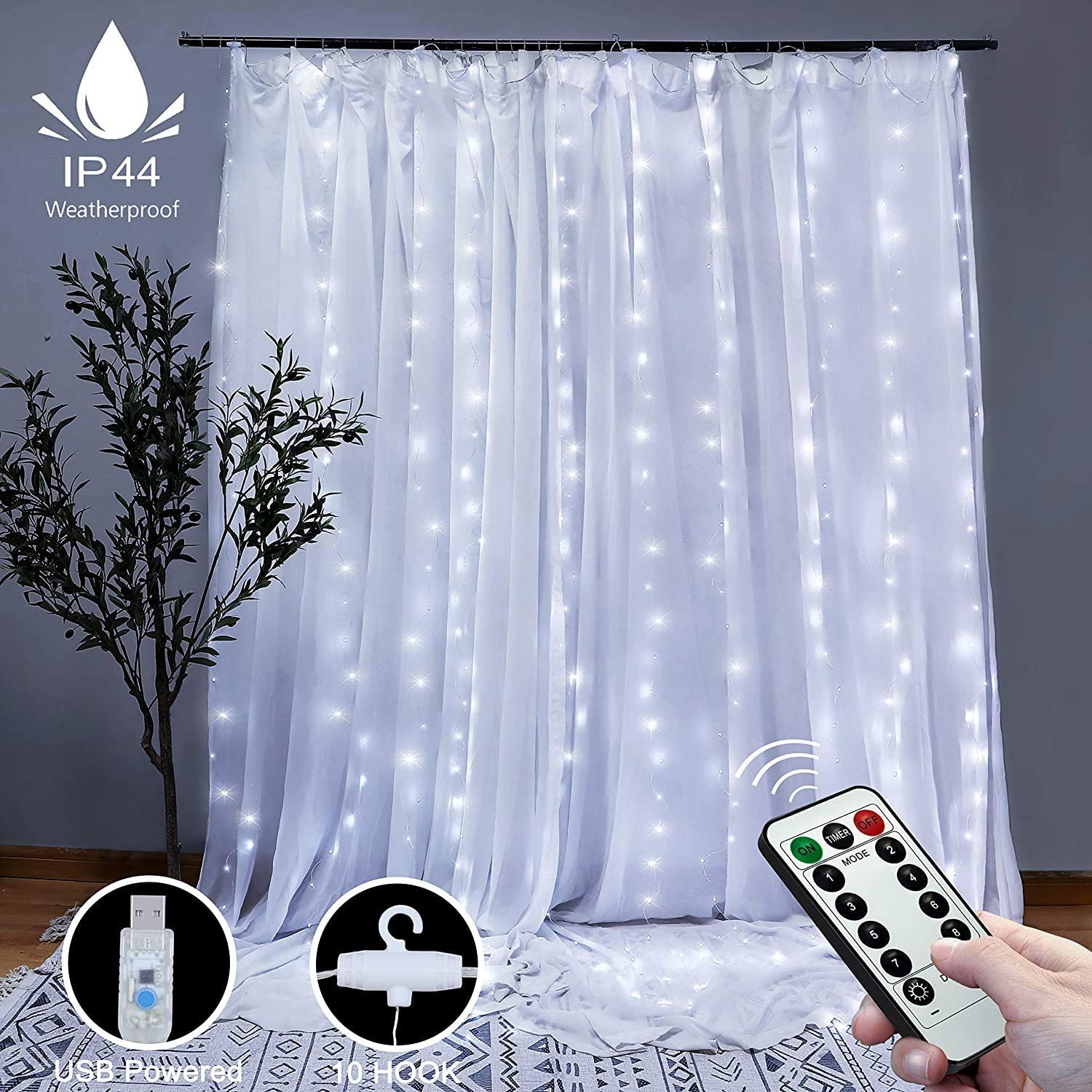 300 LEDs Window Curtain Fairy Lights 8 Modes and Remote Control