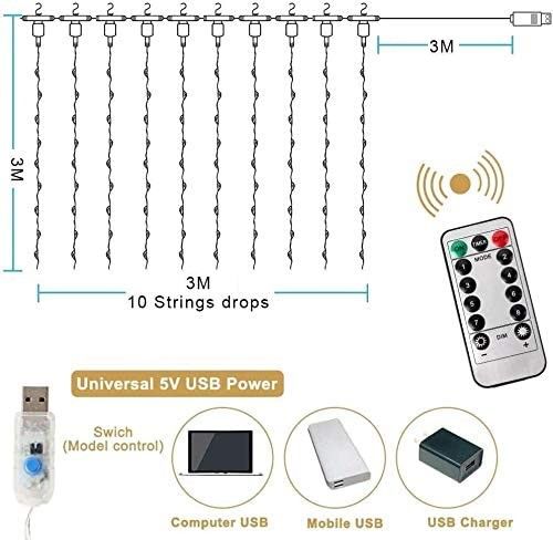 300 LEDs Window Curtain Fairy Lights 8 Modes and Remote Control