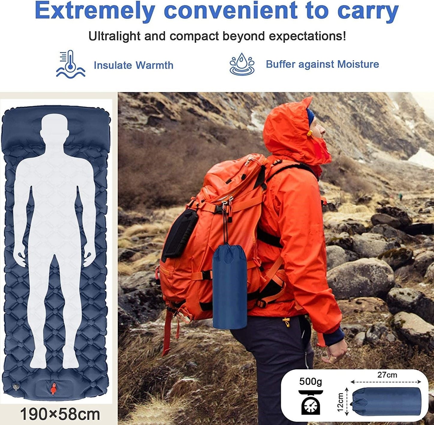 Ultralight Inflatable Camping Sleeping Pad With Pillow For Travelling And Hiking