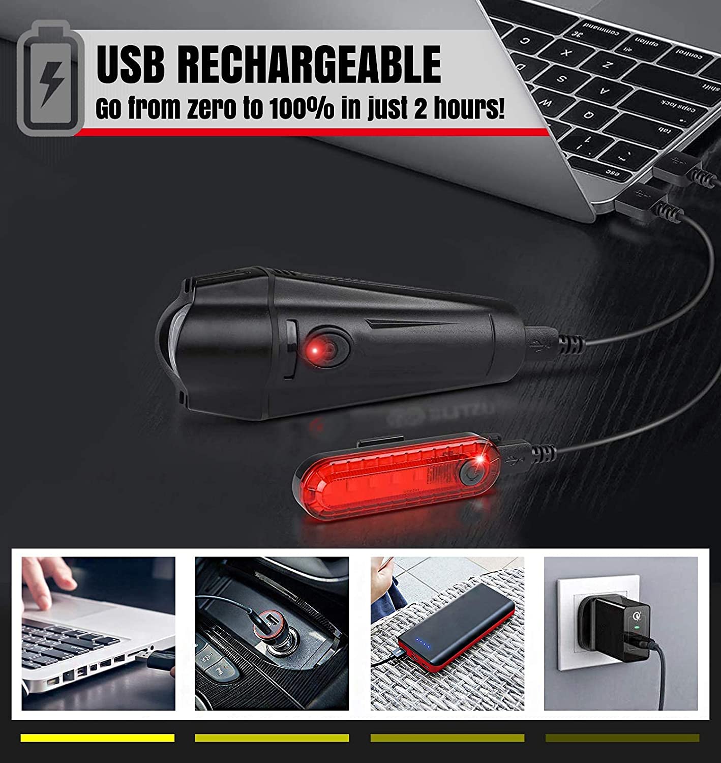 Waterproof Rechargeable Led Bike Lights Set (2000Mah Lithium Battery, 2 Usb Cables)