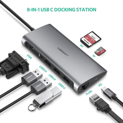 Type C 8 In 1 Multifultion Adaptor Vga/Usb3.0 X 3/Sd/Tf/Typec Pd Protoca