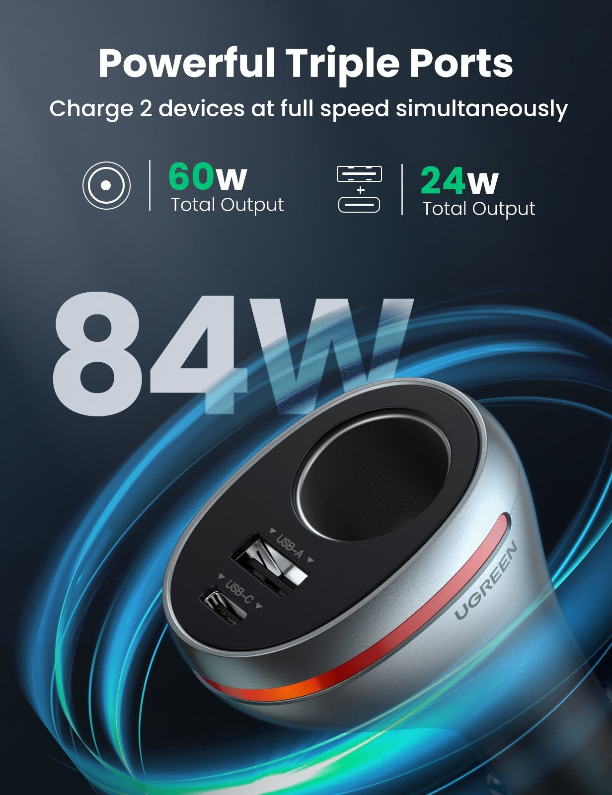 84W Dual Port Car Charger (Space Grey)