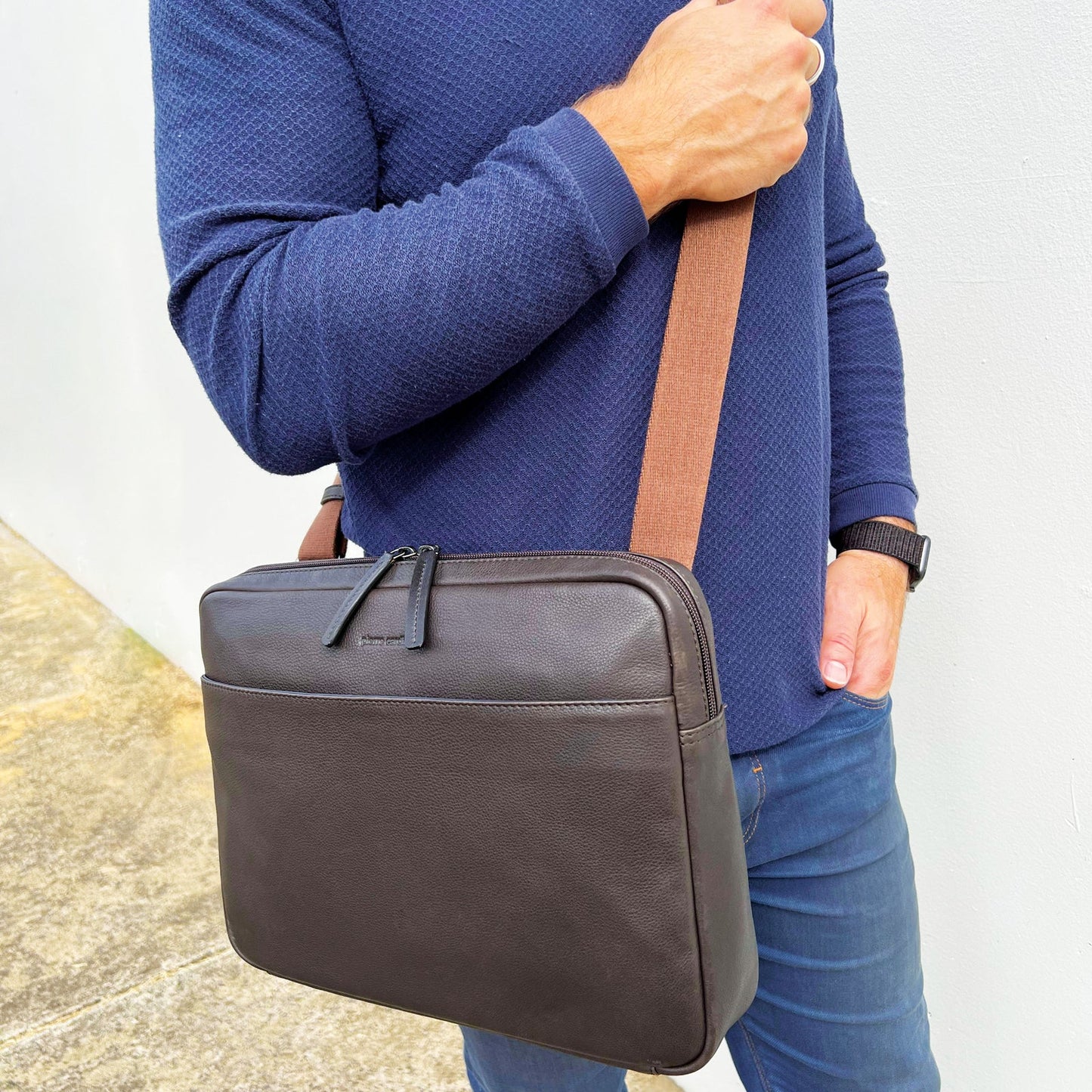 Mens Leather 13" Laptop Computer Bag - Brown/Navy