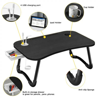 Laptop Desk Bed Table Tray Folding Breakfast Table Portable Lap Standing Desk Notebook Stand Reading Holder for Bed/Sofa Large Lap Desk with USB-Charger and Cup-Holder