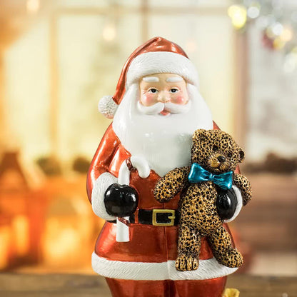 Santa Figurine With Bear - 18Cm Festive Resin Holiday Decor