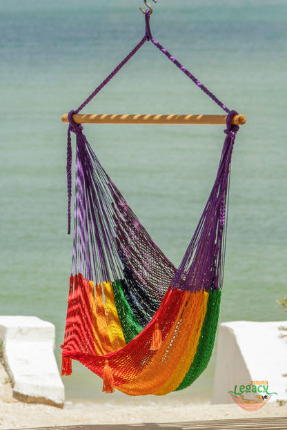 Extra Large Outdoor Cotton Mexican Hammock Chair In Rainbow Colour