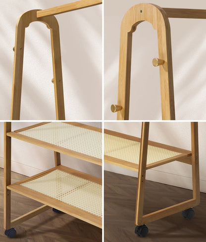 Clothes Rack Bamboo Hanging Rail Portable Wheels
