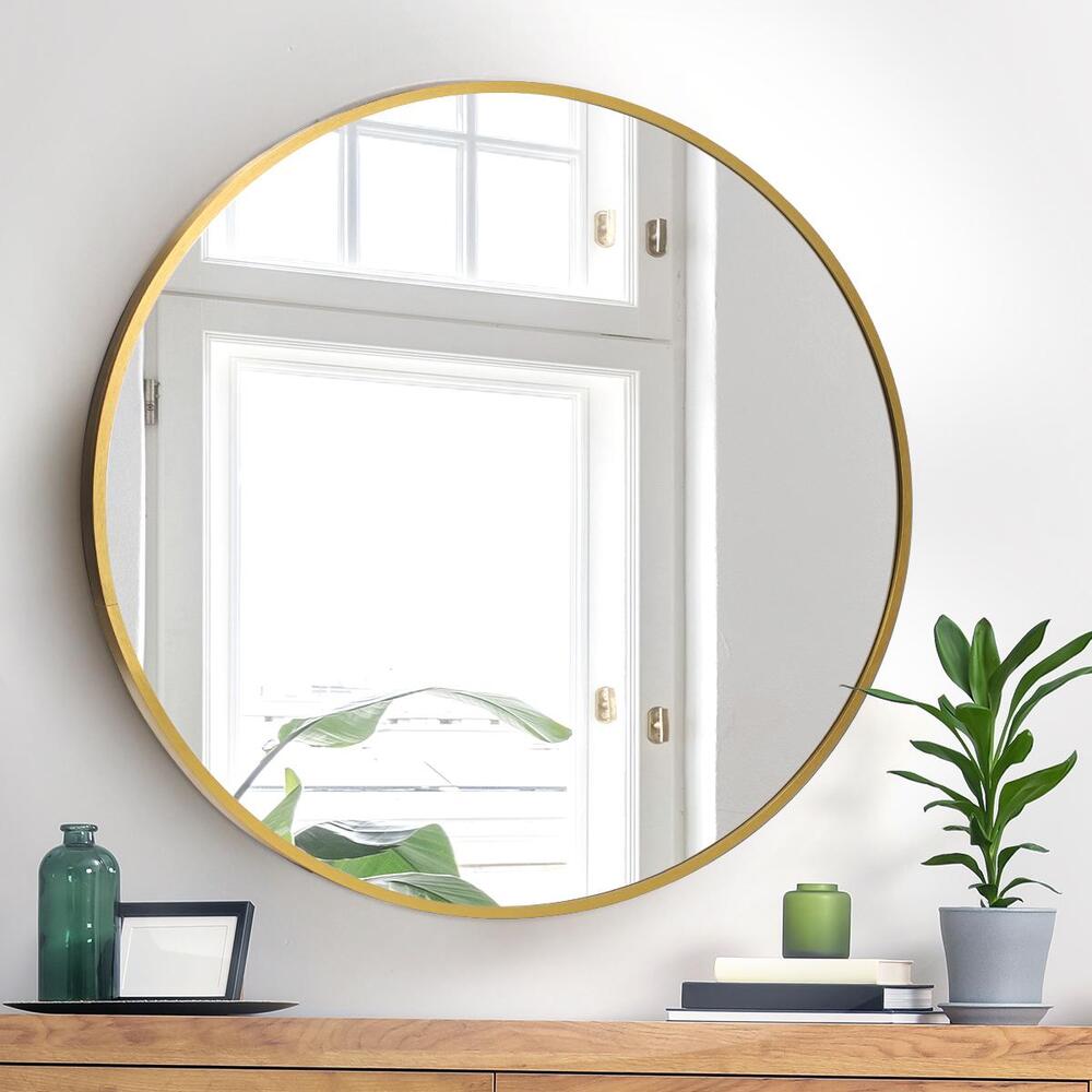 Round Wall Mirror Black & Gold Frame 80cm Modern Bathroom Bedroom Decor