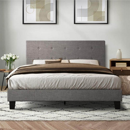 Bed Frame Queen Size Wooden Fabric Grey