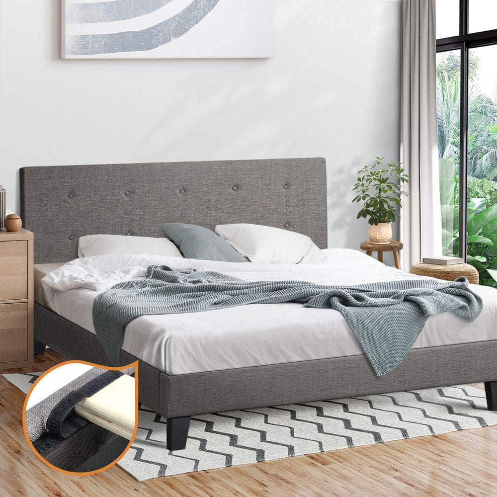 Bed Frame Queen Size Wooden Fabric Grey