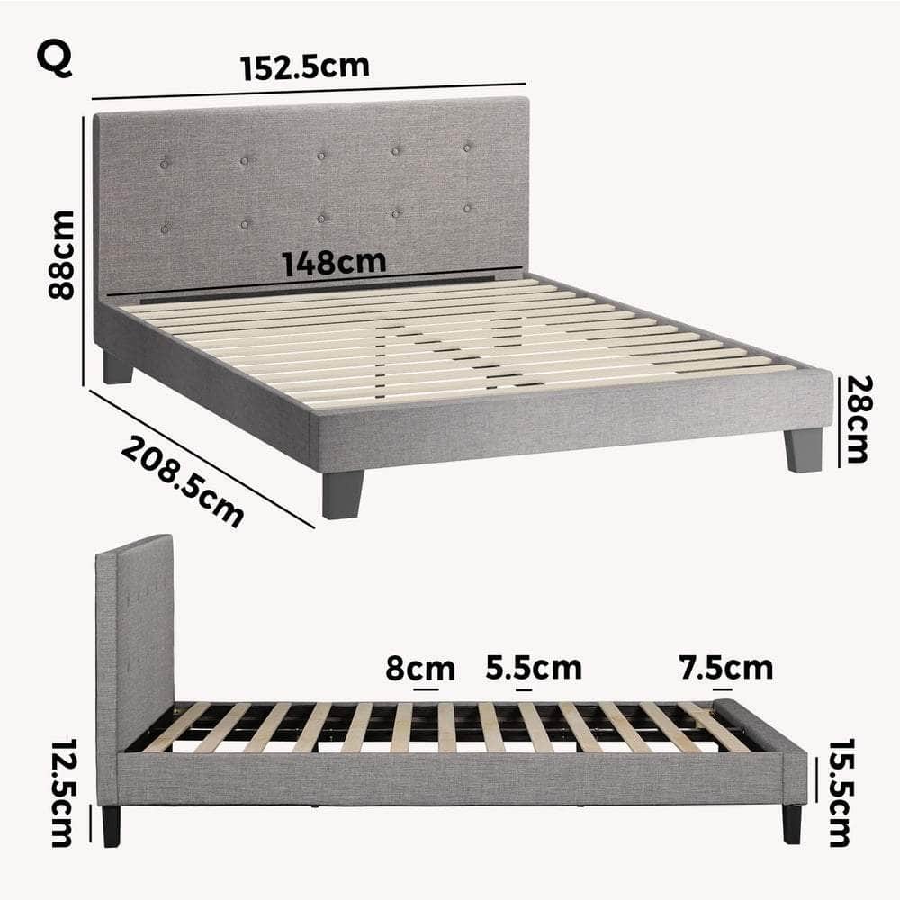 Bed Frame Queen Size Wooden Fabric Grey