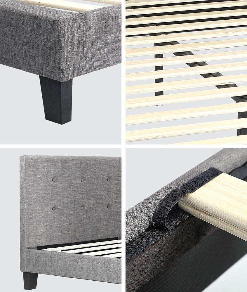 Bed Frame Queen Size Wooden Fabric Grey