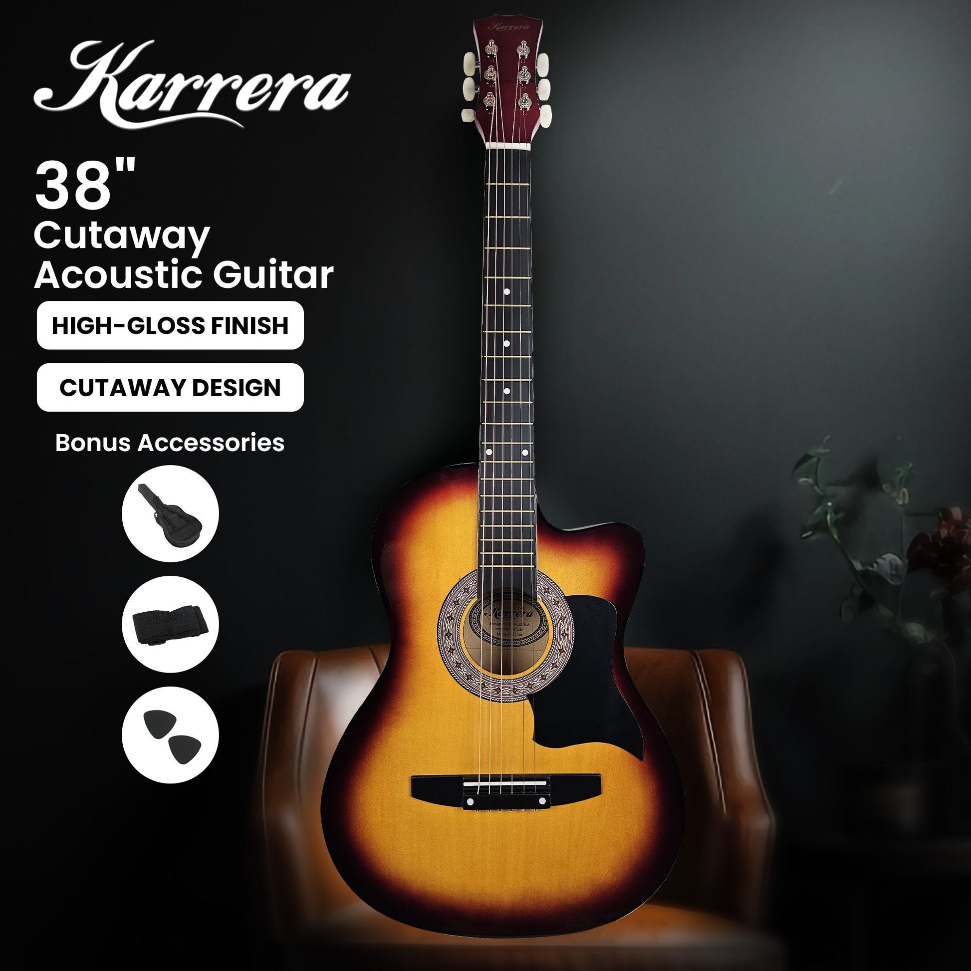 38in Acoustic Guitar Steel Strings Carry Bag Shoulder Strap Sun Burst