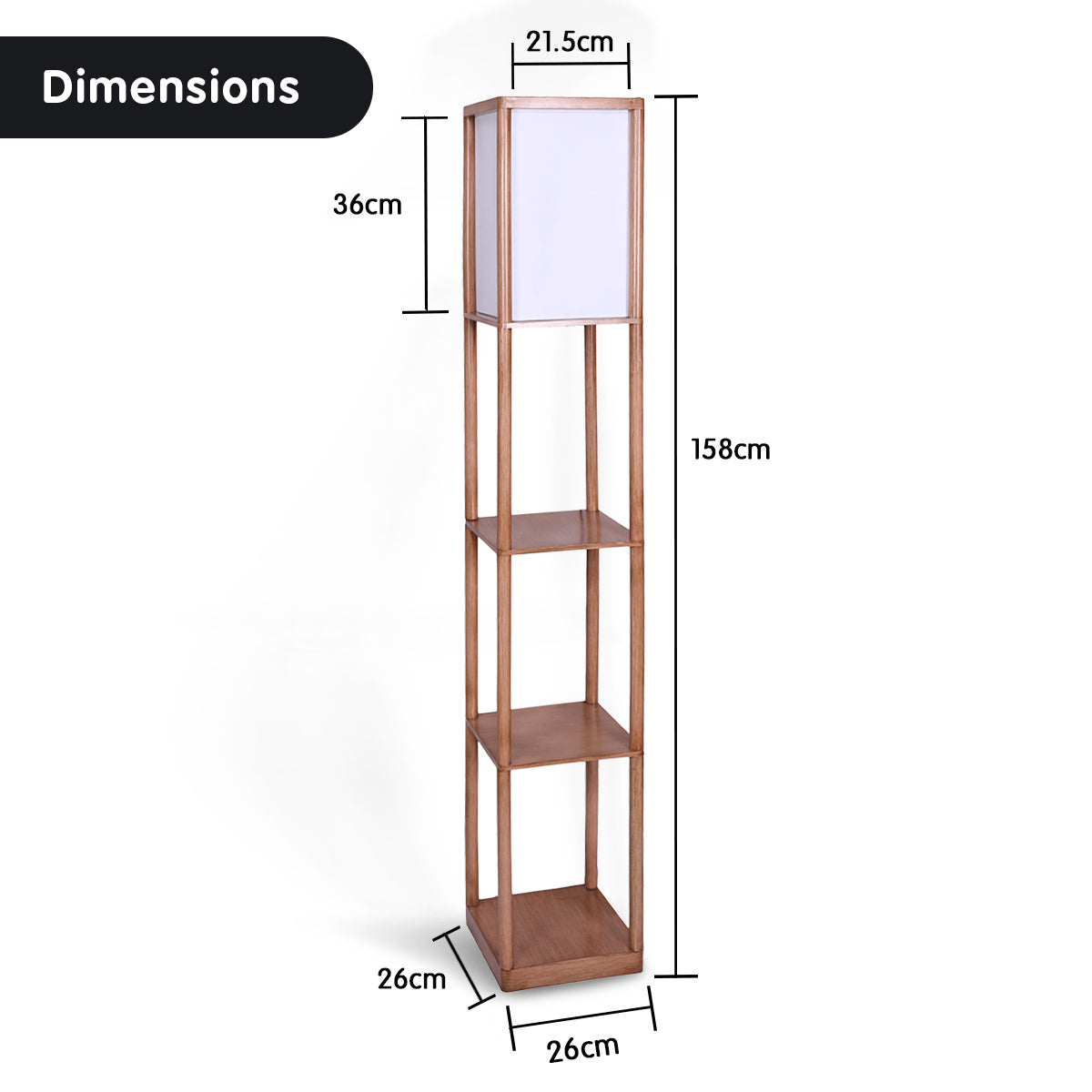 Plastic Etagere Floor Lamp Off-White Fabric Shade in Oak Wood Finish