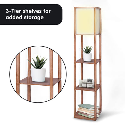 Plastic Etagere Floor Lamp Off-White Fabric Shade in Oak Wood Finish
