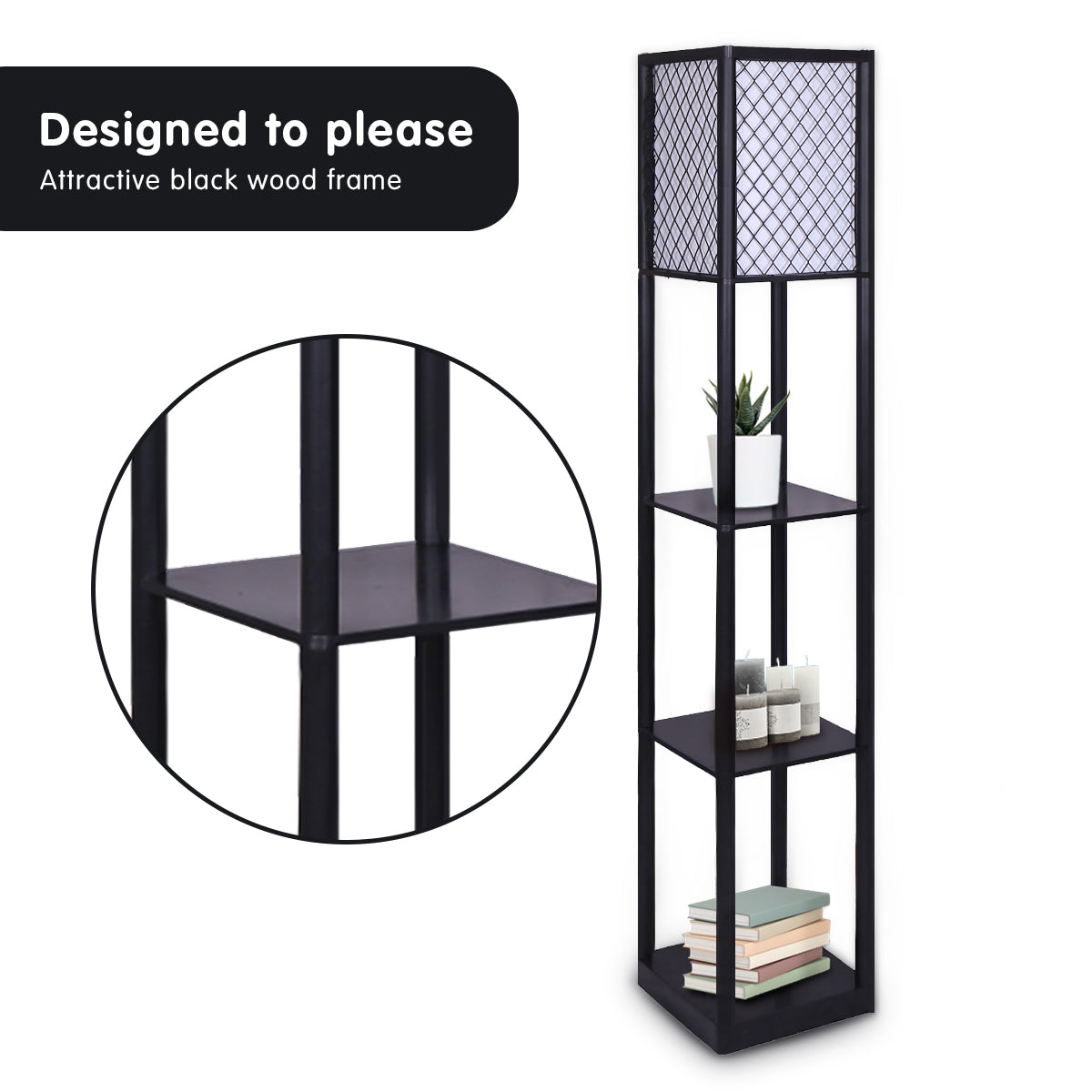 Floor Lamp Diamond Design Fabric Shade with Shelves Black