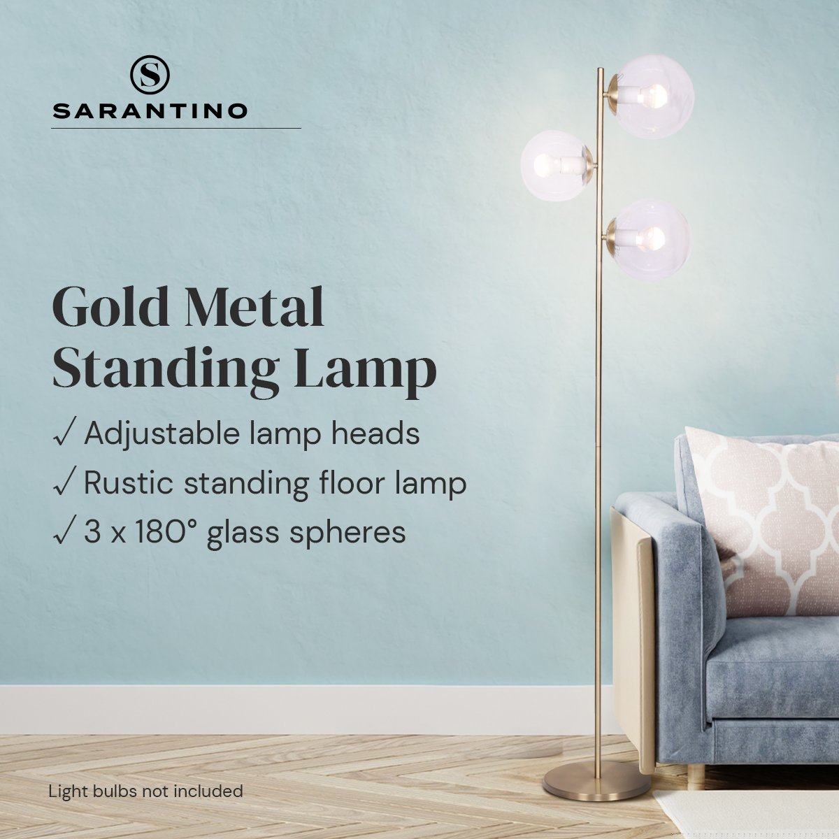 3-Light Gold Metal Floor Lamp with Glass Shades