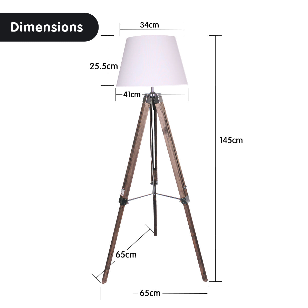 Solid Wood Tripod Floor Lamp Adjustable Height White Linen Taper Shade