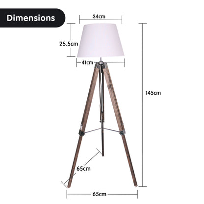 Solid Wood Tripod Floor Lamp Adjustable Height White Linen Taper Shade