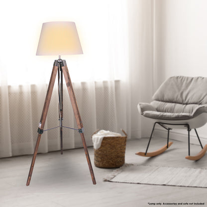 Solid Wood Tripod Floor Lamp Adjustable Height White Linen Taper Shade