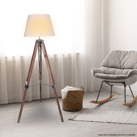 Solid Wood Tripod Floor Lamp Adjustable Height White Linen Taper Shade