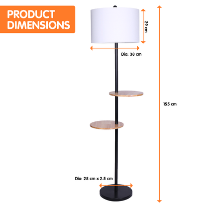 Metal Floor Lamp Shade with  Black Post in Round Wood Shelves