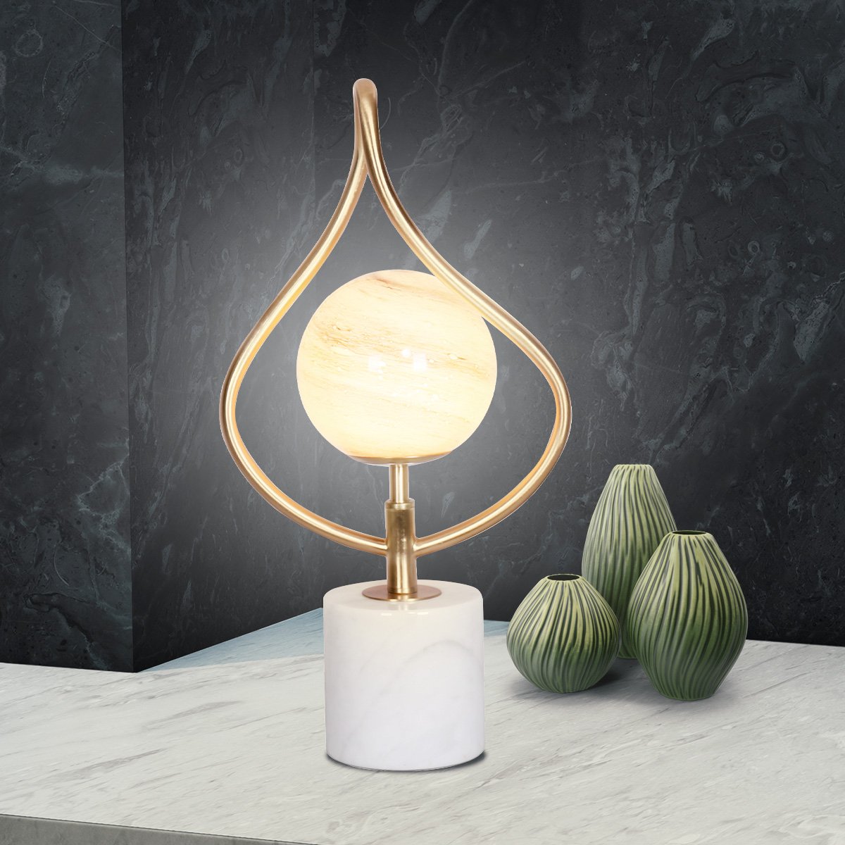 Orange Glass Table Lamp with White Marble Base