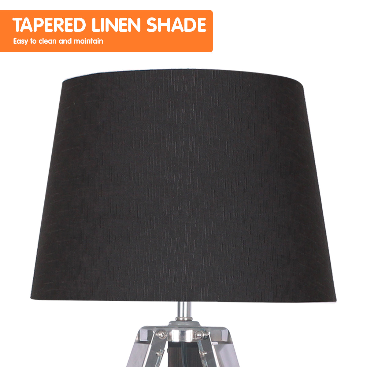Wooden Tripod Table Lamp With Black Linen Taper Fabric Shade