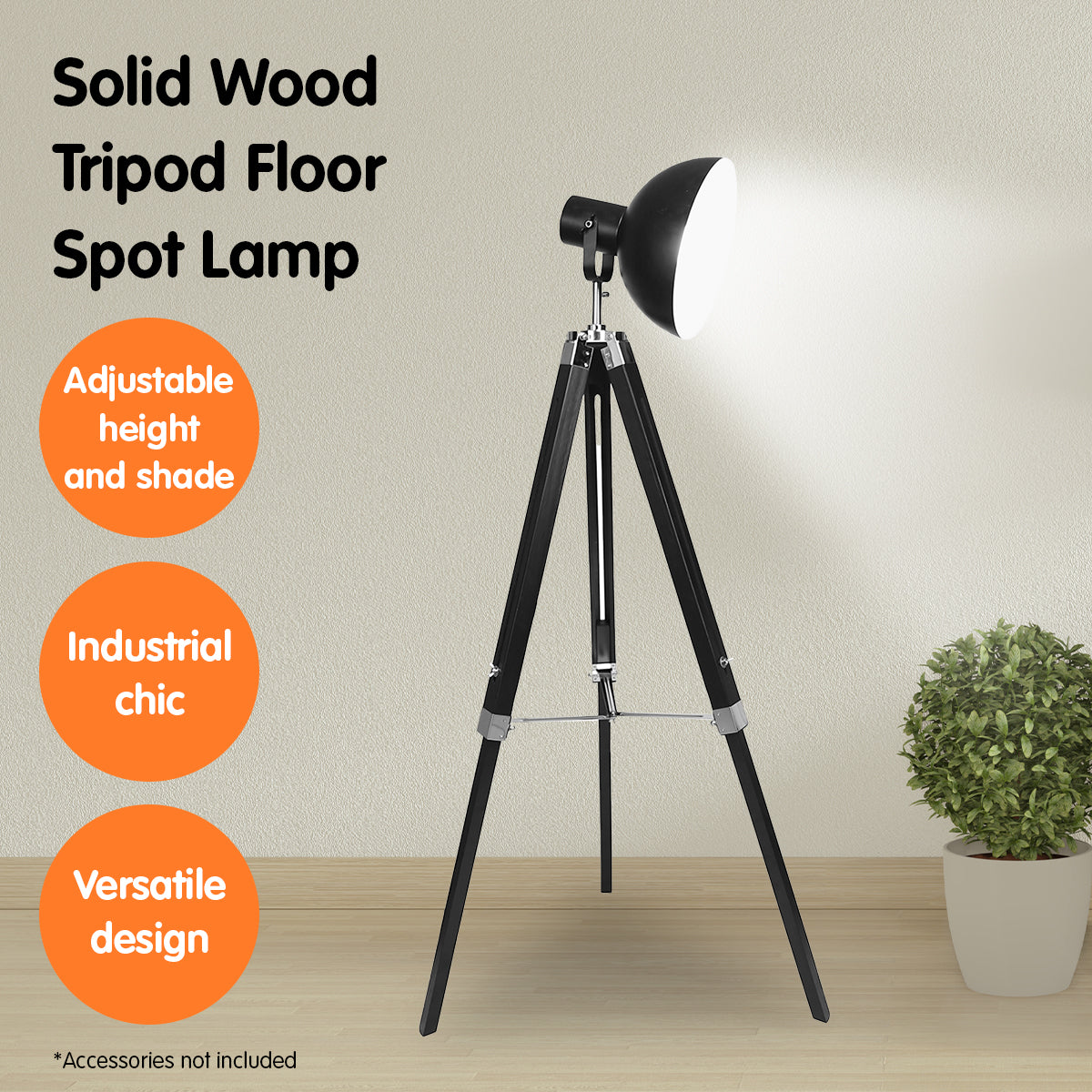Tripod Adjustable Metal Floor Spot Lamp  Black