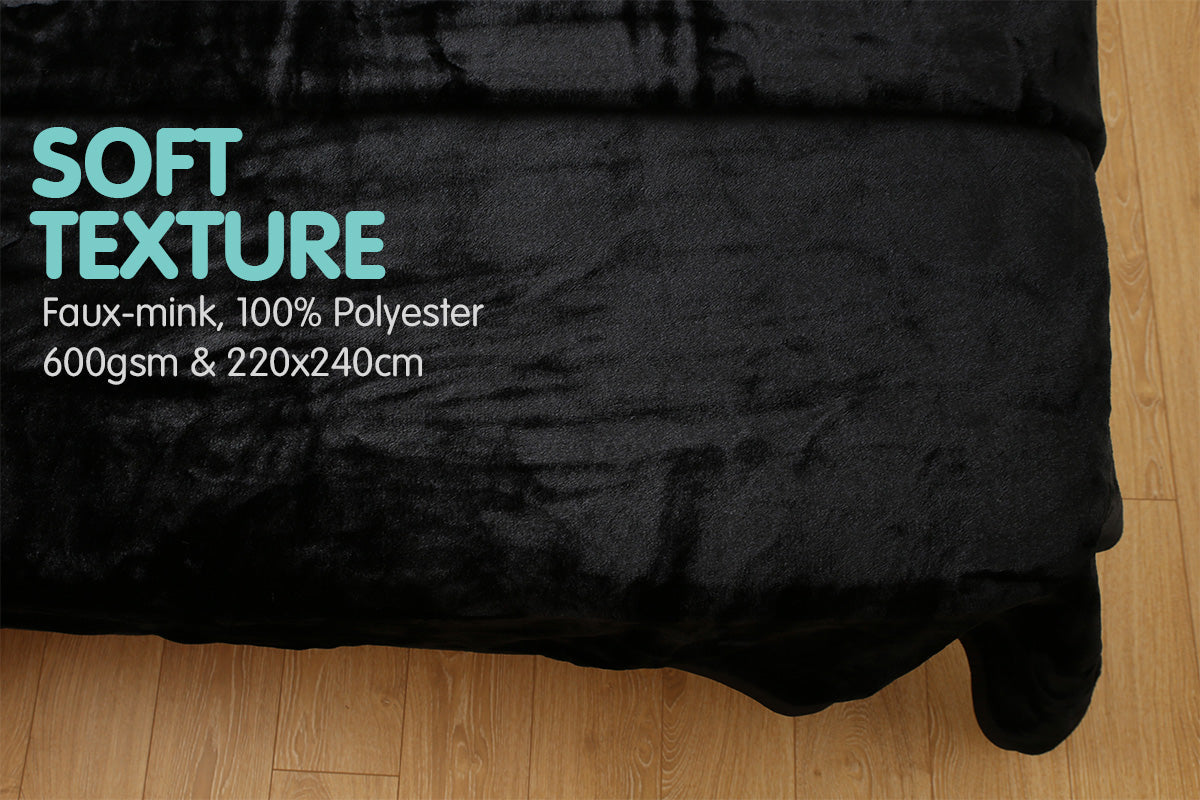 Laura Hill 600GSM Large Double-Sided Queen Faux Mink Blanket - Black