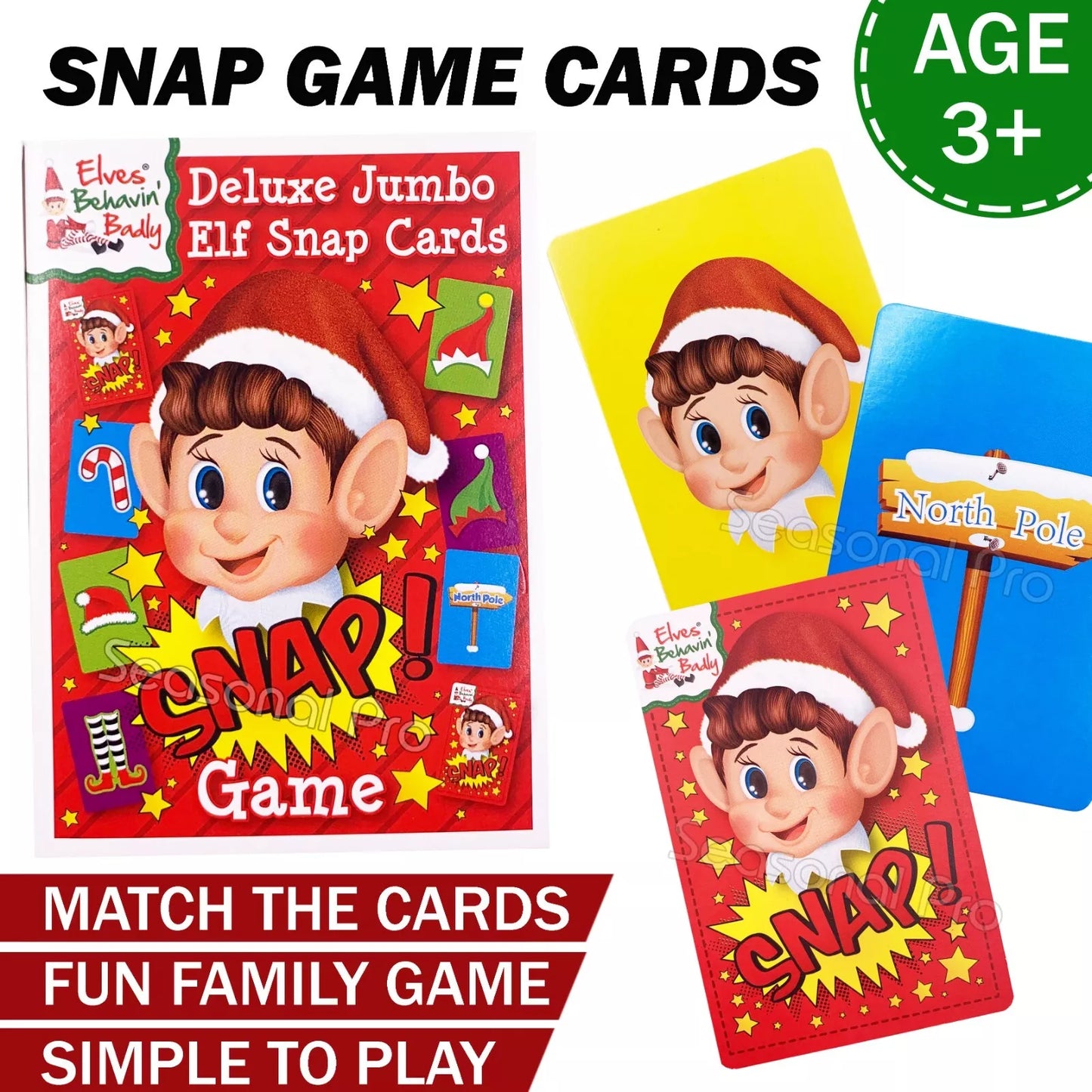 Christmas Kids Family Jumbo Elf Snap Card Games Xmas Playing Cards +3 Uno Cards AU