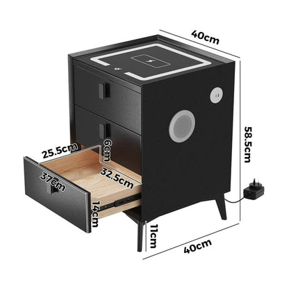 Smart Bedside Table Wireless Charging LED Lights 3 Drawers Black
