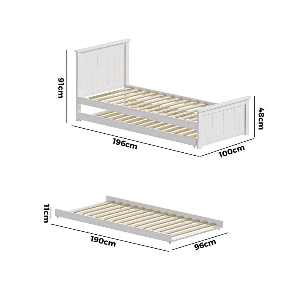 Trundle Bed Frame Single Size Wooden Daybed White