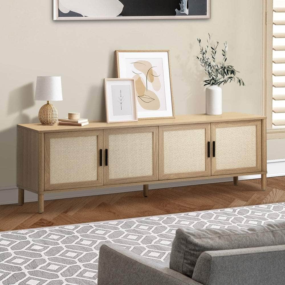 TV Cabinet Entertainment Unit Stand 160cm Rattan Doors Natural