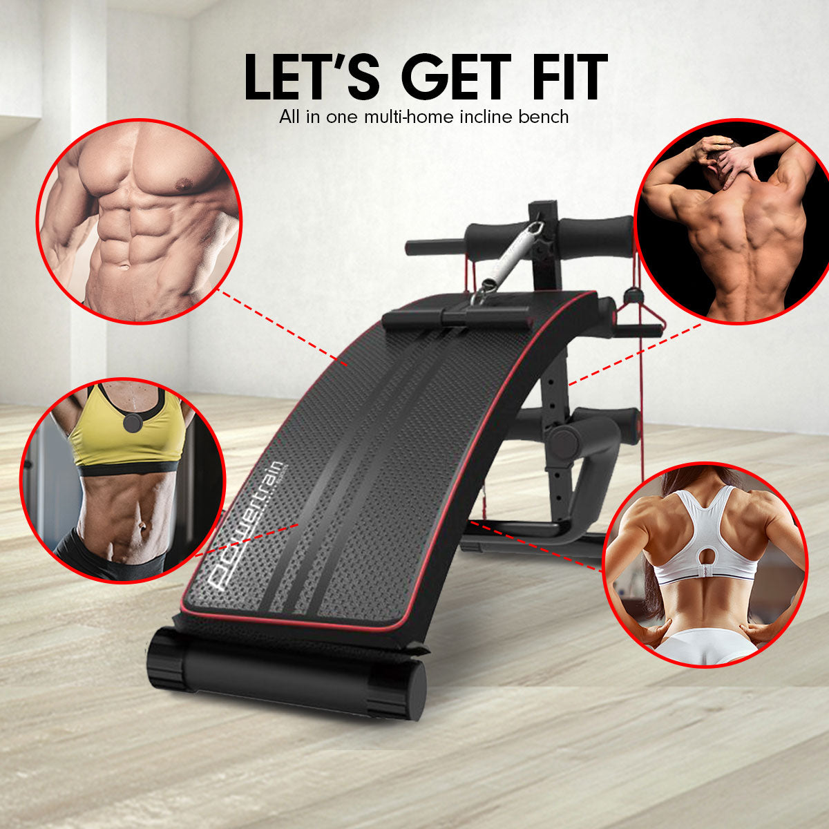 PowerTrain Inclined Sit up bench with Resistance bands Push up Bars