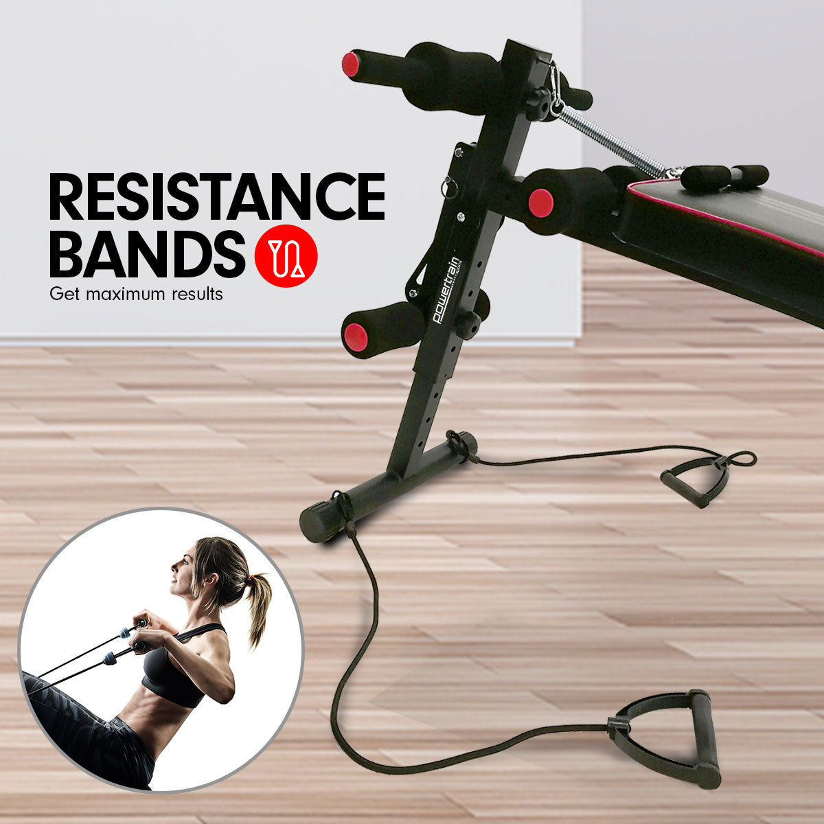 PowerTrain Inclined Sit up bench with Resistance bands Push up Bars