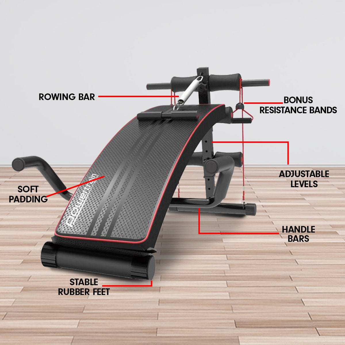 PowerTrain Inclined Sit up bench with Resistance bands Push up Bars