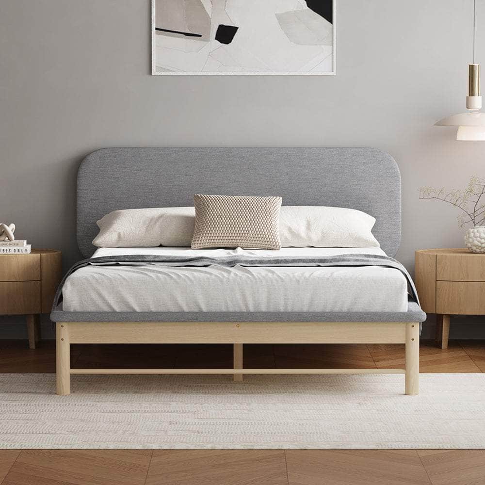 Wooden Bed Frame with Padded Fabric Edges Headboard Double Size