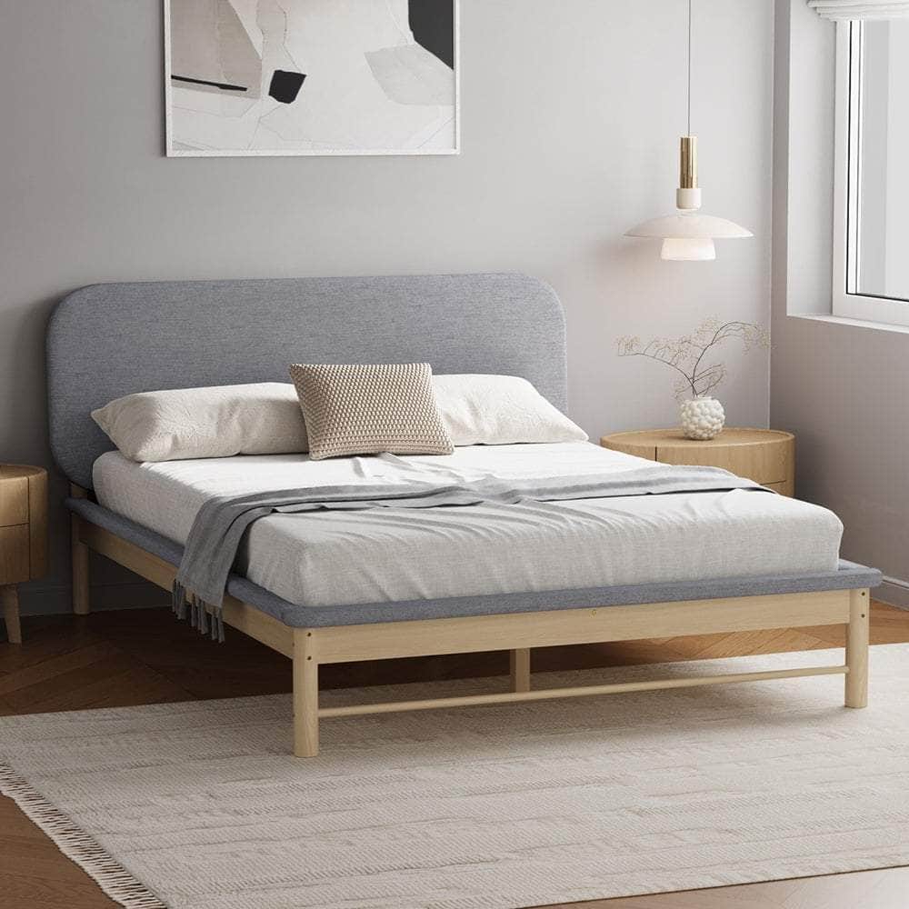 Wooden Bed Frame with Padded Fabric Edges Headboard Double Size